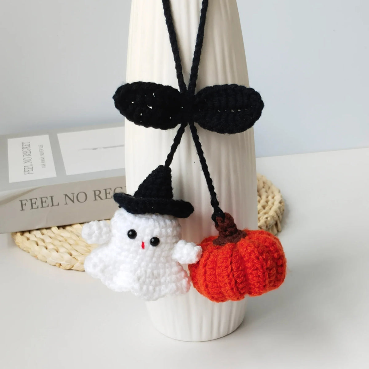 Crochet Ghost Car Pendants Creative Knitted Pumpkin Rearview Mirror  Pendant Halloween Decor